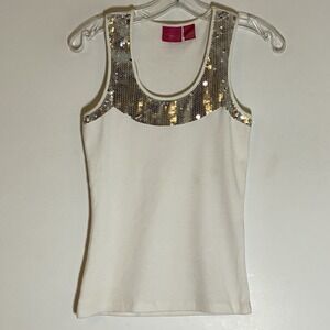 Thalia Sodi Tank Womens Small White Silver Sequined Ribbed Fun Bling Sparkle Top